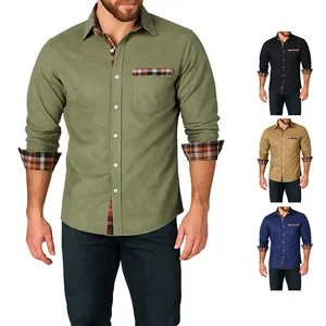 Camicia da uomo a maniche lunghe con dettagli patchwork a quadri a contrasto in diversi colori