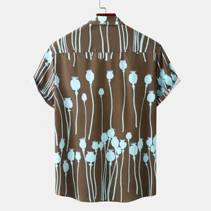 Vue arrière d'une chemise hawaïenne marron avec détail imprimé de pavot bleu clair