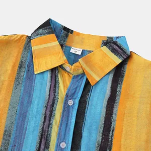 Detail view of men's colorful striped cotton linen Hawaii shirt collar and tag