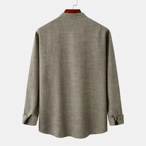 Detailed back view of men's brown linen stand collar shirt with textured weave fabric