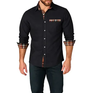Camicia da uomo nera a maniche lunghe con dettagli patchwork a quadri su polsini e tasca