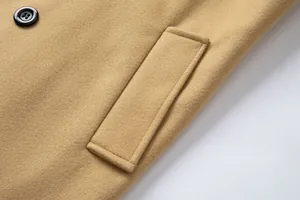 Macro view of premium camel wool coat showing refined stitching and button detail.