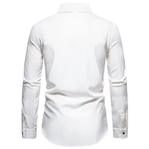 Back view of a classic white long-sleeved casual shirt for men with clean seams.