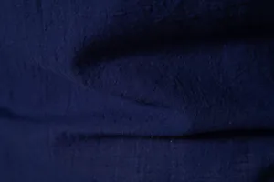 Macro detail view showing the dark blue cotton linen fabric texture of men's shirt