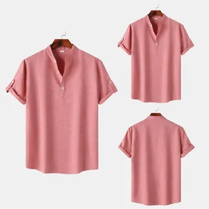 Camisa rosa de hombre slim fit con cuello mao y textura de lino detallada de verano