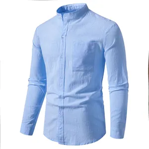 Detailed view of a light blue men's cotton linen long sleeve shirt with mandarin collar.