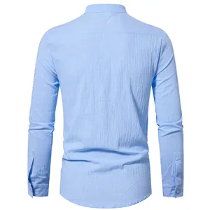 Back view of a light blue solid color long-sleeved cotton linen shirt for men