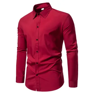 Detailed view of wine red men's long sleeve casual shirt featuring a button-down collar