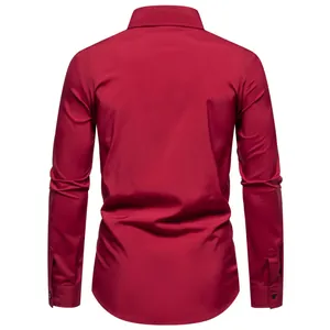Back view of a red men's solid color long sleeve casual shirt with a slim fit cut