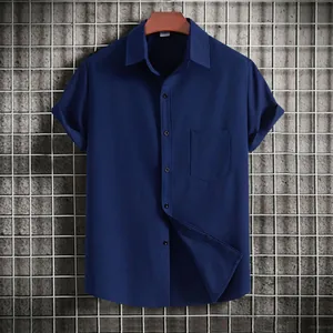 Classic navy blue men's short-sleeved button-down shirt with a casual lapel collar