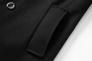 Macro close-up detail showing the pocket flap and wool fabric texture of a black men's overcoat