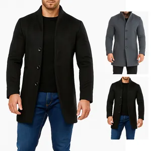 Vista detallada de abrigos de lana para hombre con cuello alto en colores negro y gris