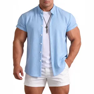 Men's light blue short sleeve band collar shirt with textured fabric for summer