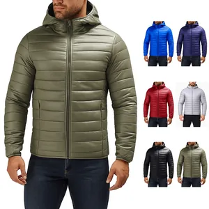 Close-up detail of men's lightweight hooded winter puffer jacket with color options