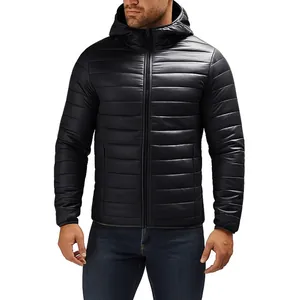 Close-up detail of lightweight black quilted hooded jacket for men winter casual style