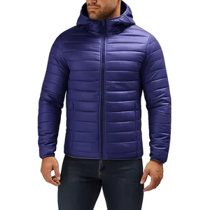 Detail of the horizontal quilting and full front zipper on a men's hooded puffer jacket