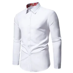 Men's classic white long-sleeved casual shirt featuring a floral print collar lining