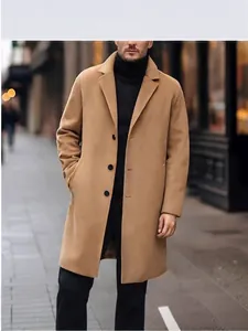 Men Casual Long Woolen Coat Slim Fit Over The Knee Single Breasted Notched Lapel Overcoat Business Casual Polyester Windbreaker Jacket