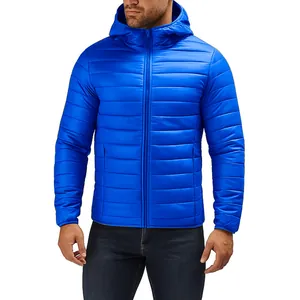 Close-up of lightweight blue hooded puffer jacket for men with horizontal quilting