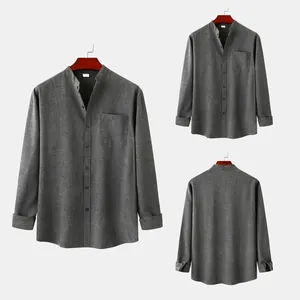 Men's grey stand-collar long-sleeve cotton linen shirt with chest pocket detail