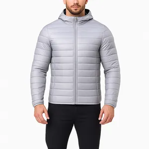 Detail view of men's lightweight hooded puffer jacket in light gray with zipper