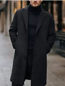 Men's long black wool coat with single-breasted buttons and classic suit collar design