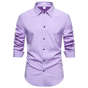 Detail view of men's light purple casual button-down shirt with long sleeves and black buttons.