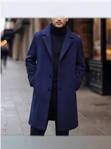 Classic navy blue long woolen coat for men with a sophisticated single-breasted design