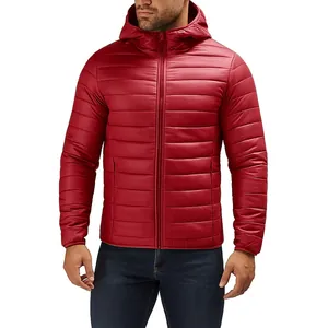 Front view of a men's lightweight red hooded padded jacket with a quilted design.