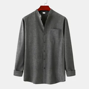 Frontal view of a grey cotton linen men's long-sleeve shirt with stand collar on hanger
