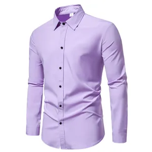 Detailed view of a lavender men's long sleeve slim fit button down casual shirt