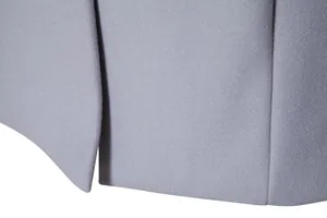 High-quality close-up of gray woolen fabric texture and precise hemline of a men's trench coat
