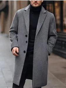 Elegant men's long grey wool coat featuring a single-breasted notch lapel design.