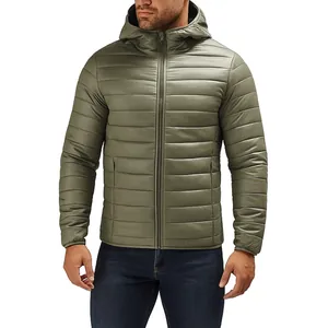 Men's lightweight olive green hooded puffer jacket featuring a warm quilted design