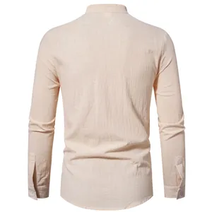 Back view of men's apricot cotton linen long-sleeved shirt showing detailed fabric texture