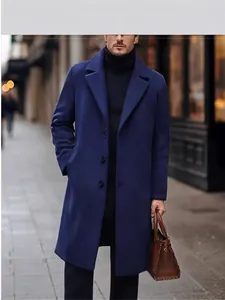 Elegant men's navy blue long wool overcoat with single-breasted suit collar design.
