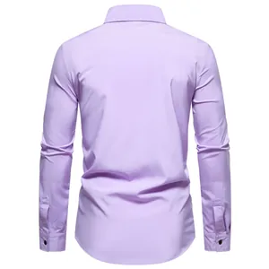Detailed back view of a men's solid light purple casual long sleeve cotton shirt