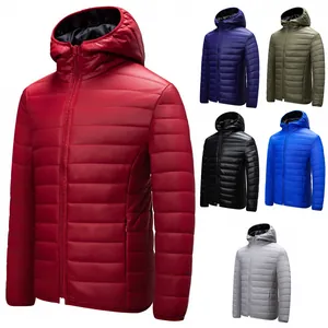 Men's lightweight hooded puffer jacket featuring casual slim fit design in various colors