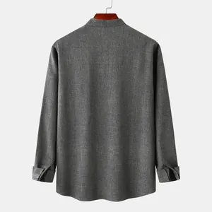 Back view of a gray long sleeve linen shirt for men featuring a stylish mandarin collar