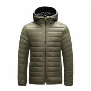 Detailed front view of a men's lightweight hooded puffer jacket in stylish olive green