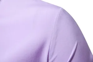 Close-up detail of lavender men's casual shirt shoulder showing fine fabric texture