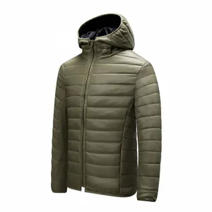 Detailed view of men's olive green lightweight hooded puffer jacket with quilted pattern