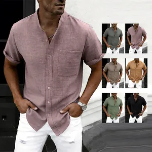 Heren Zomer Casual Katoen Rayon Mix Korte Mouw Overhemd Effen Kleur Opstaande Kraag Top Met Zak Koreaanse Stijl Mode Kleding