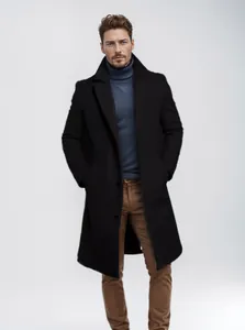 Elegant men's black wool blend overcoat with a stylish notched lapel for autumn and winter.
