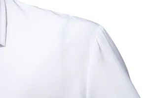 Detailed close-up showing the shoulder of a white men's long-sleeve beach shirt