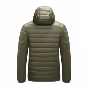 Detailed back view of a high-quality lightweight army green hooded puffer jacket