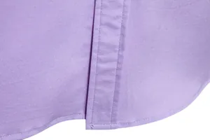 Macro view of fine stitching detail on a light purple men's long-sleeved casual shirt
