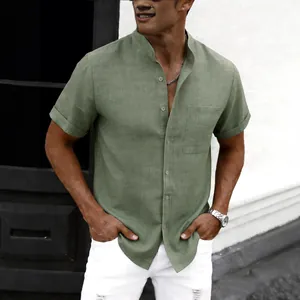 Casual olijfgroen katoenen linnen shirt met korte mouwen en knopen voor heren zomerstijl