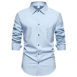 Men's light blue long sleeve casual shirt with button-down front and solid color