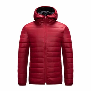 Full front view of a premium red lightweight hooded puffer jacket for men winter